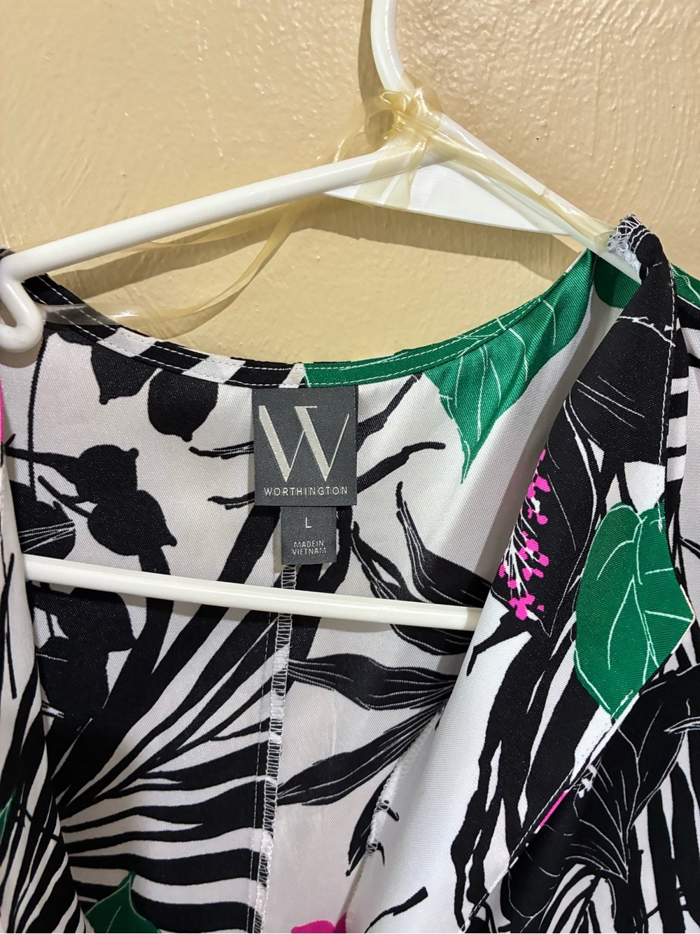 Worthington White Botanical Print Draped Neck Blouse with Green & Pink Accents - Picture 6 of 8